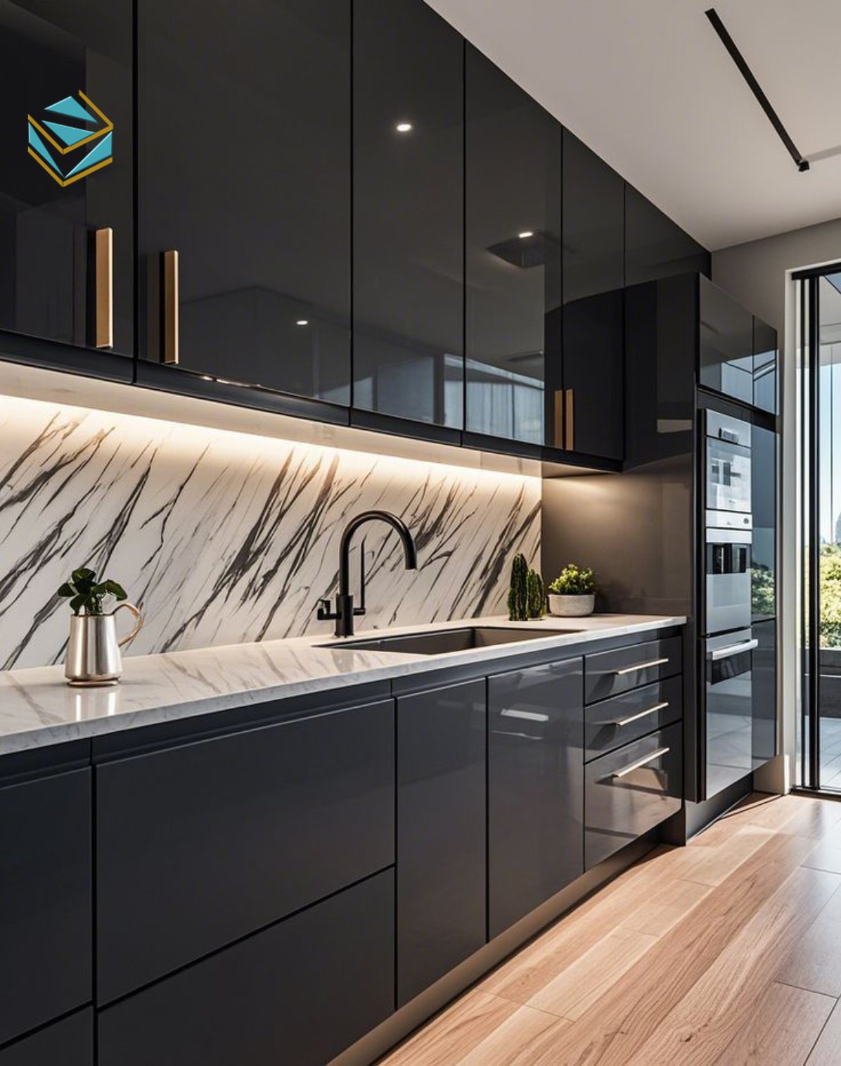 Tủ bếp phủ acrylic màu đen bóng tạo điểm nhấn mạnh mẽ, tôn lên phong cách sang trọng, hiện đại.