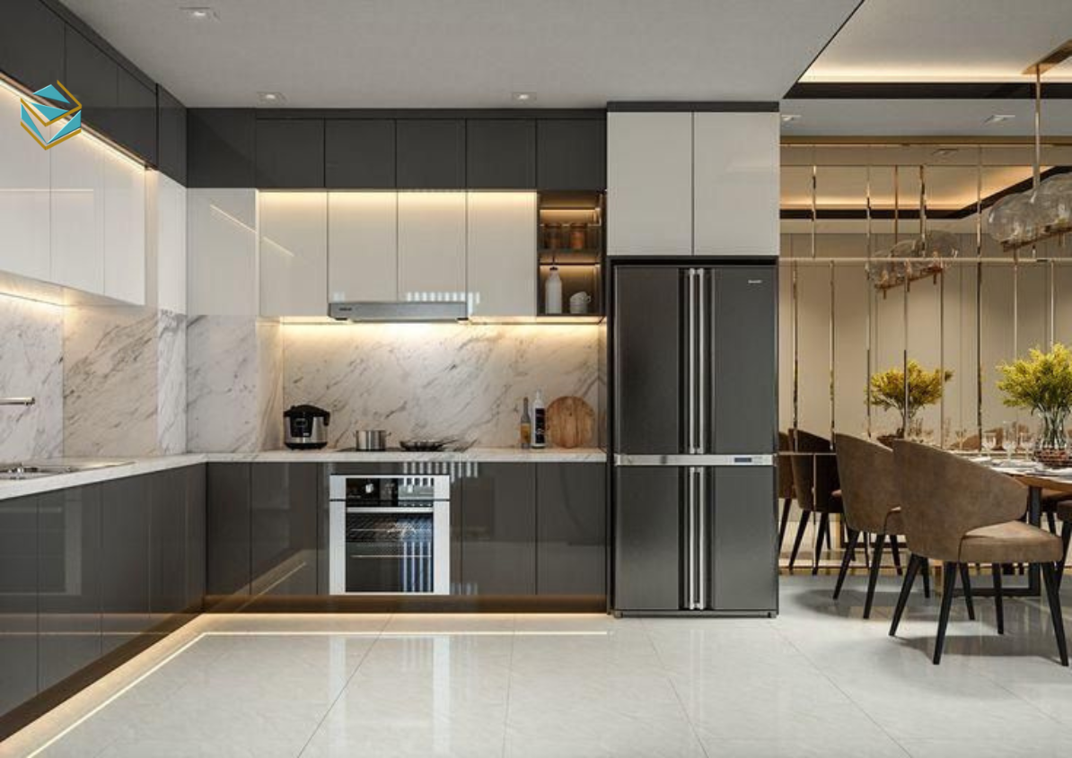 Tông màu gỗ sáng kết hợp acrylic bóng gương mang lại cảm giác gần gũi, tự nhiên mà vẫn sang trọng.