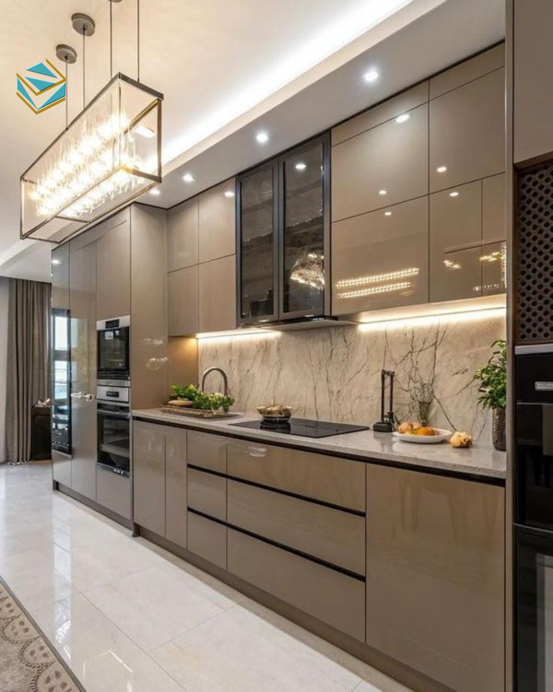 Tủ bếp acrylic kết hợp veneer gỗ tự nhiên tạo điểm nhấn ấm áp, cân bằng giữa hiện đại và truyền thống.