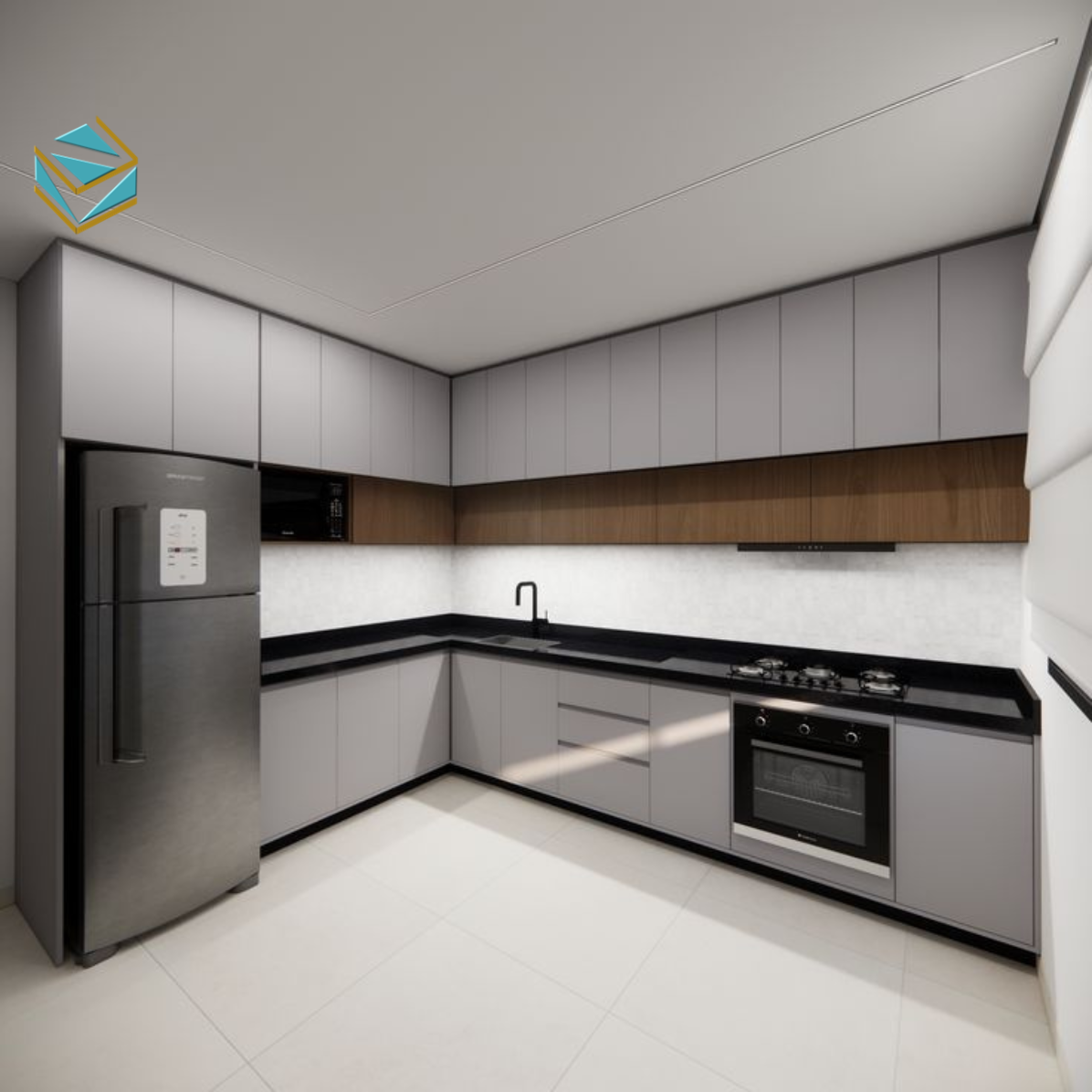 Mẫu tủ bếp tối ưu diện tích, sắp xếp khu vực nấu nướng và lưu trữ hợp lý, mang lại sự tiện lợi tối đa.