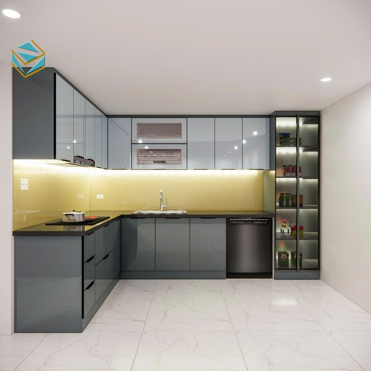Mẫu tủ bếp chữ L sử dụng acrylic cao cấp, phù hợp không gian bếp nhỏ, tối ưu ánh sáng và công năng.
