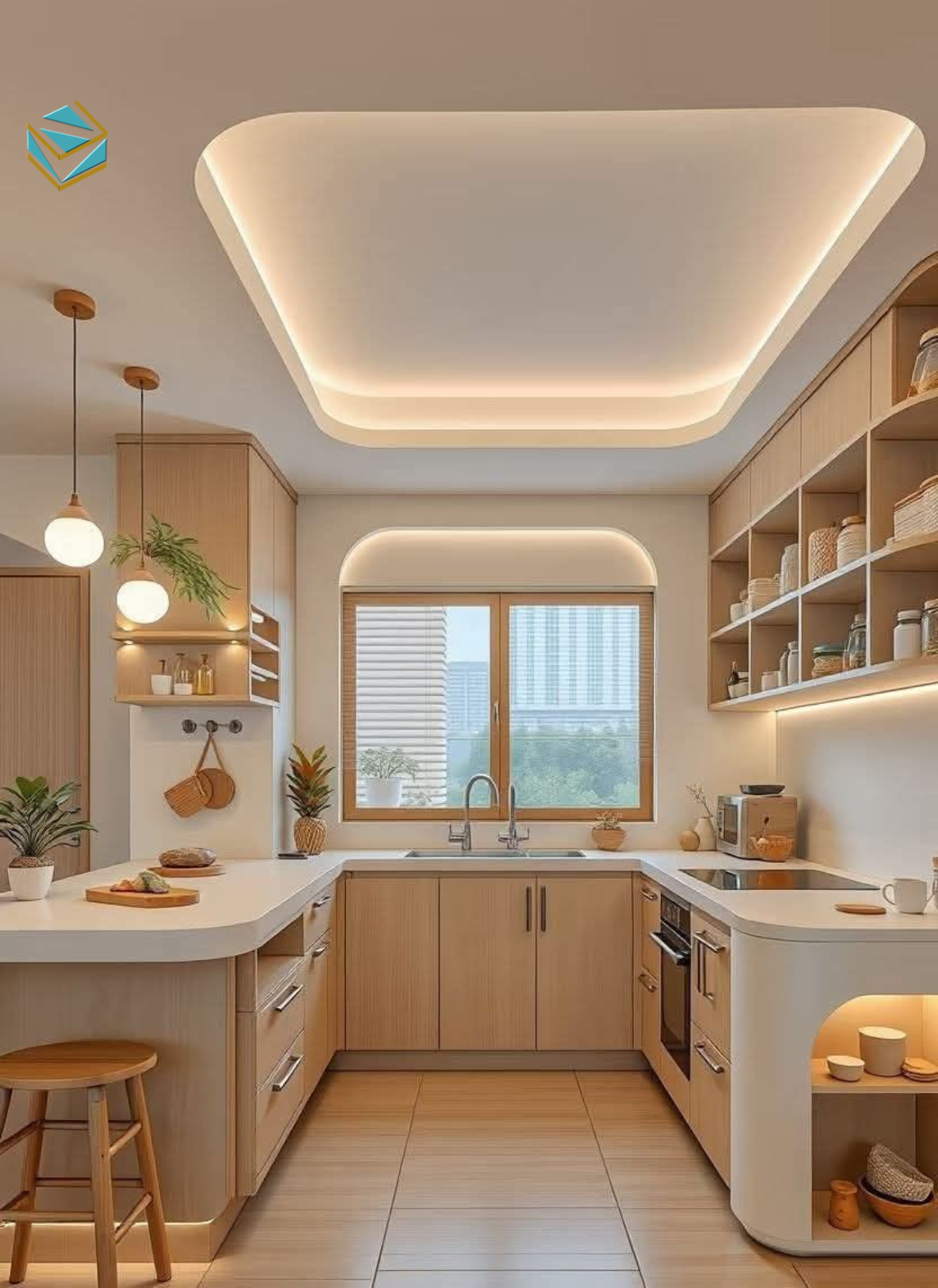 Bố cục ba cạnh tạo quỹ tủ lớn, đường di chuyển ngắn, thao tác nấu nướng mượt mà.