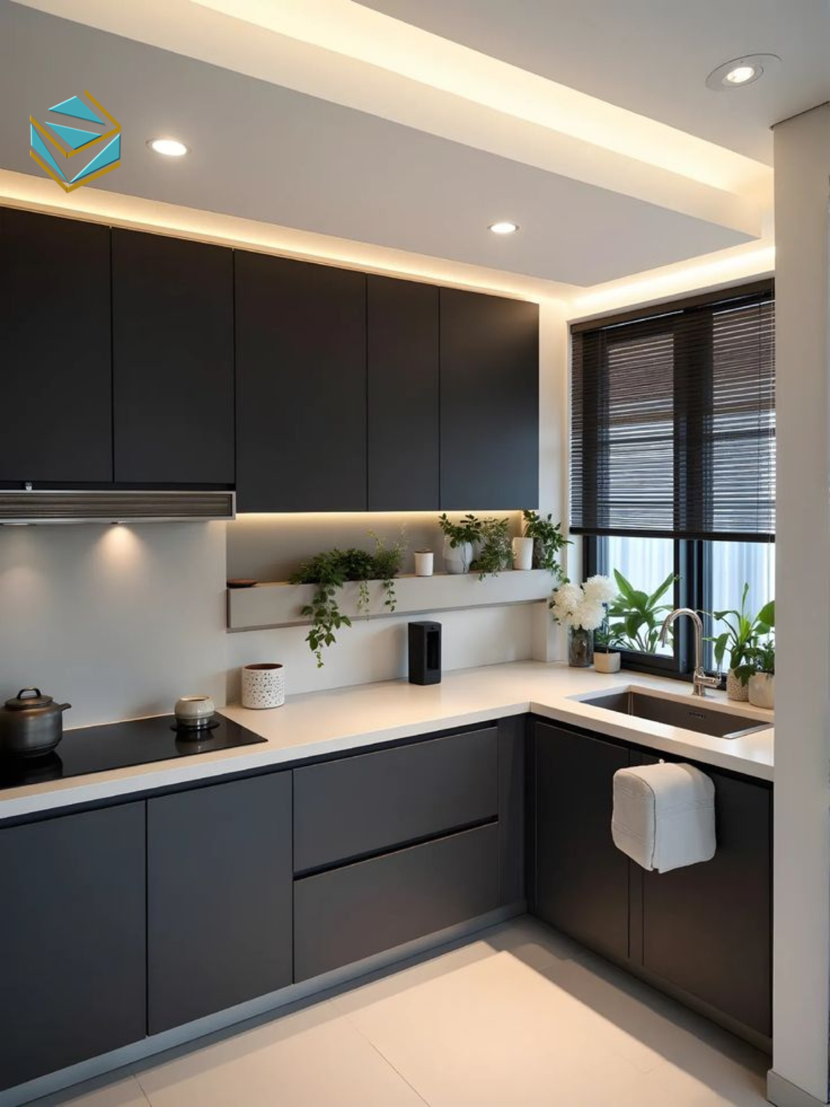 Thiết kế tủ bếp gọn gàng với cốt MDF xanh chịu ẩm giúp tăng độ bền trong không gian bếp ẩm.