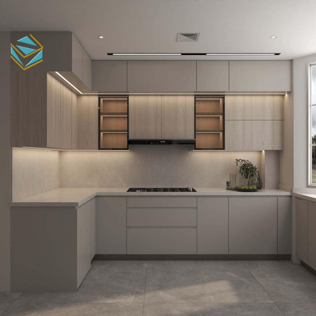 Tủ bếp phối màu trung tính dễ kết hợp với nội thất khác, tạo cảm giác sang trọng và sáng sủa.