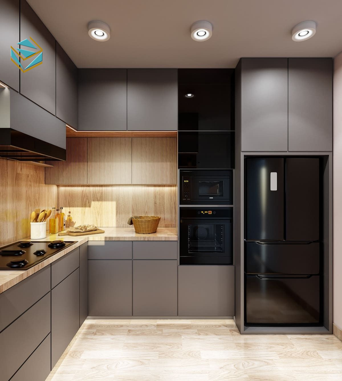 Tủ bếp gỗ kết hợp đá tự nhiên mang đến không gian đẳng cấp, vừa tinh tế vừa hiện đại, phù hợp với mọi phong cách nội thất.