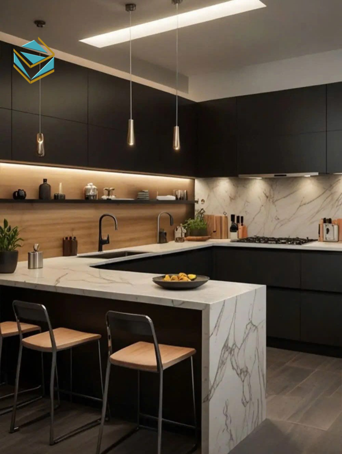 Bề mặt vân gỗ xám kết hợp kim loại đen và mặt bàn đá trắng giúp cân bằng ánh sáng, phù hợp mọi phong cách nhà bếp.