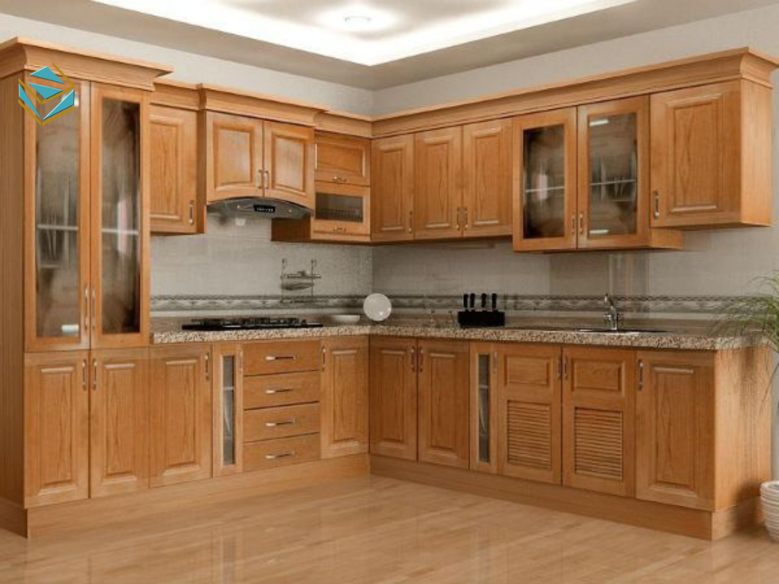 Ánh sáng LED viền làm nổi bật đường vân và tạo chiều sâu rõ rệt trong không gian bếp.