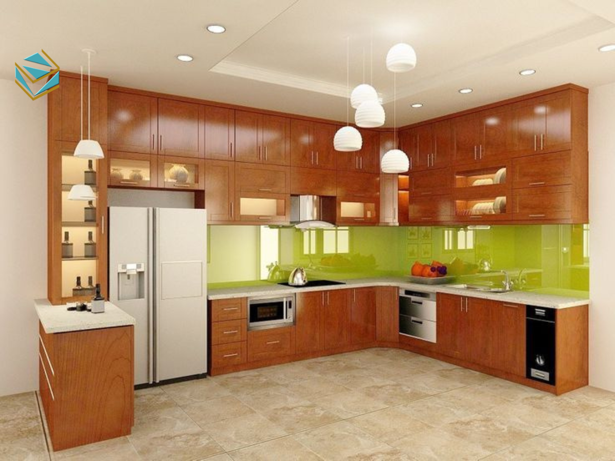 Tủ bếp sử dụng gỗ tự nhiên được xử lý kỹ, không mùi hóa chất, giúp bảo vệ sức khỏe trẻ nhỏ trong nhà.