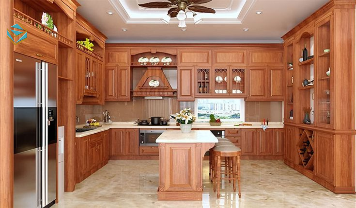 Hình ảnh tủ bếp với hệ ray trượt êm, chia ngăn linh hoạt và ánh sáng LED hỗ trợ thao tác.