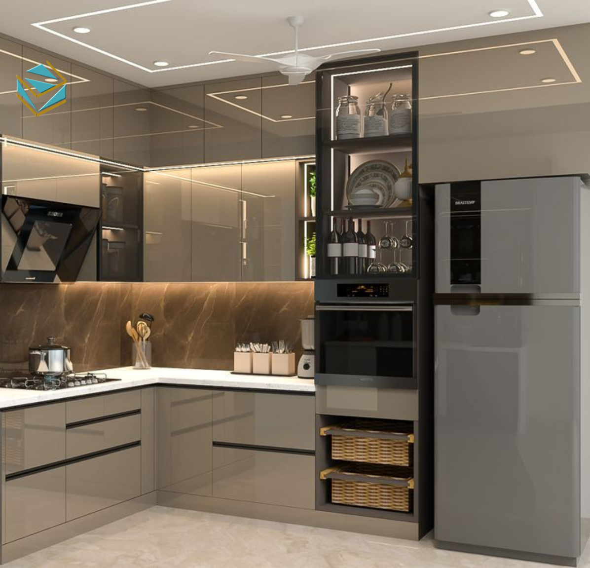 Tủ bếp gỗ kết hợp đá tự nhiên mang lại cảm giác cao cấp nhưng vẫn giữ sự ấm áp của chất liệu gỗ.