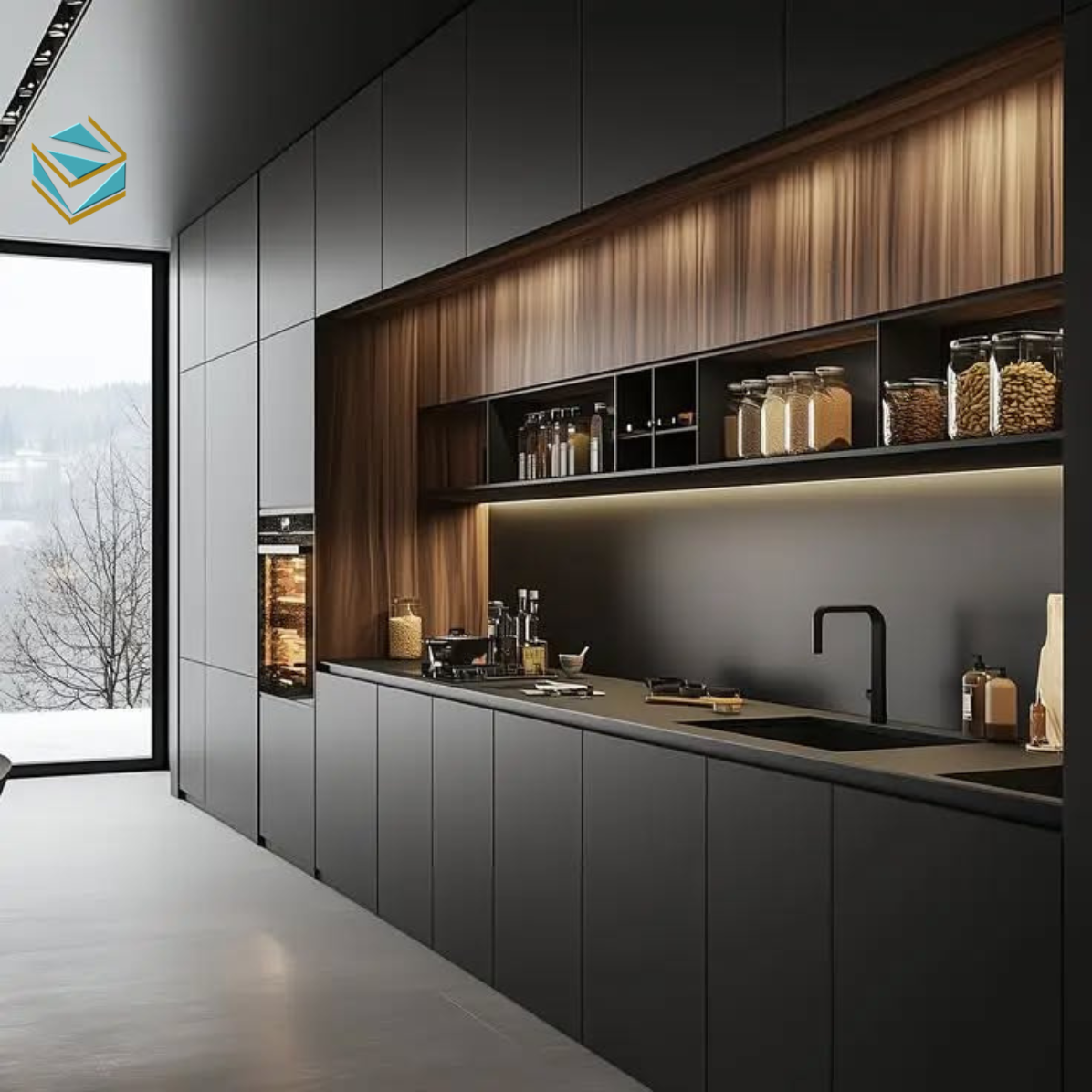 Bề mặt phủ laminate chống trầy, kết hợp hệ tủ mở linh hoạt, phù hợp với gia chủ yêu thích sự tối giản và hiện đại.