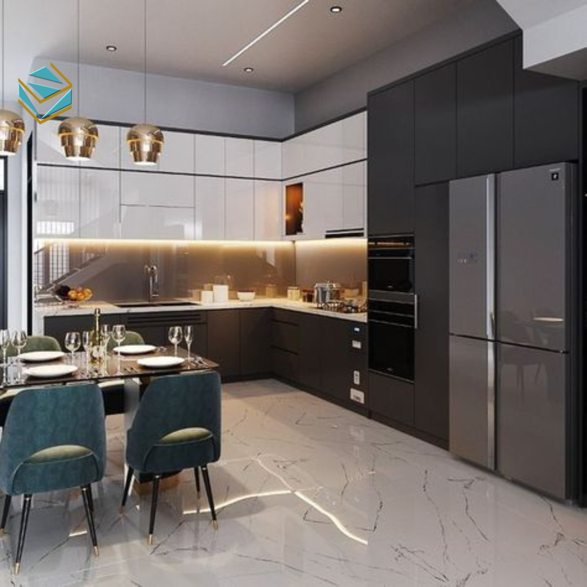 Tủ bếp nhỏ kết hợp quầy bar mini, vừa tiết kiệm diện tích vừa tạo điểm nhấn thẩm mỹ.