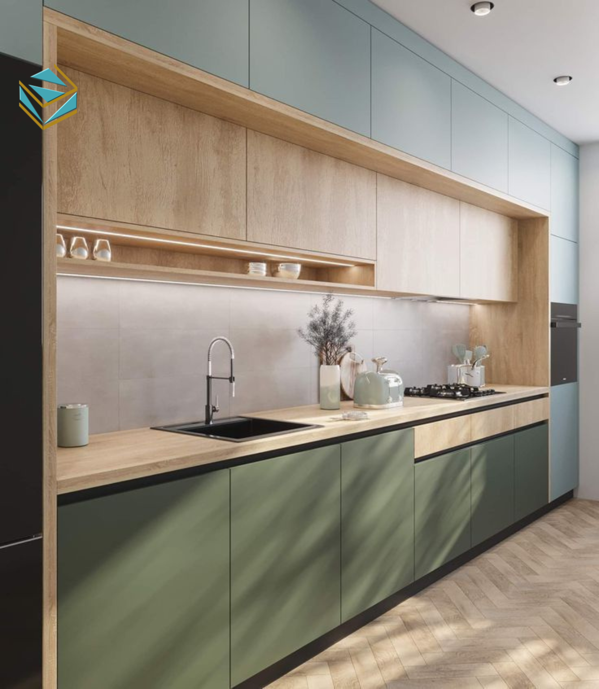 Mẫu tủ bếp nhỏ tông sáng kết hợp mặt đá trắng giúp không gian sáng và rộng hơn thị giác.