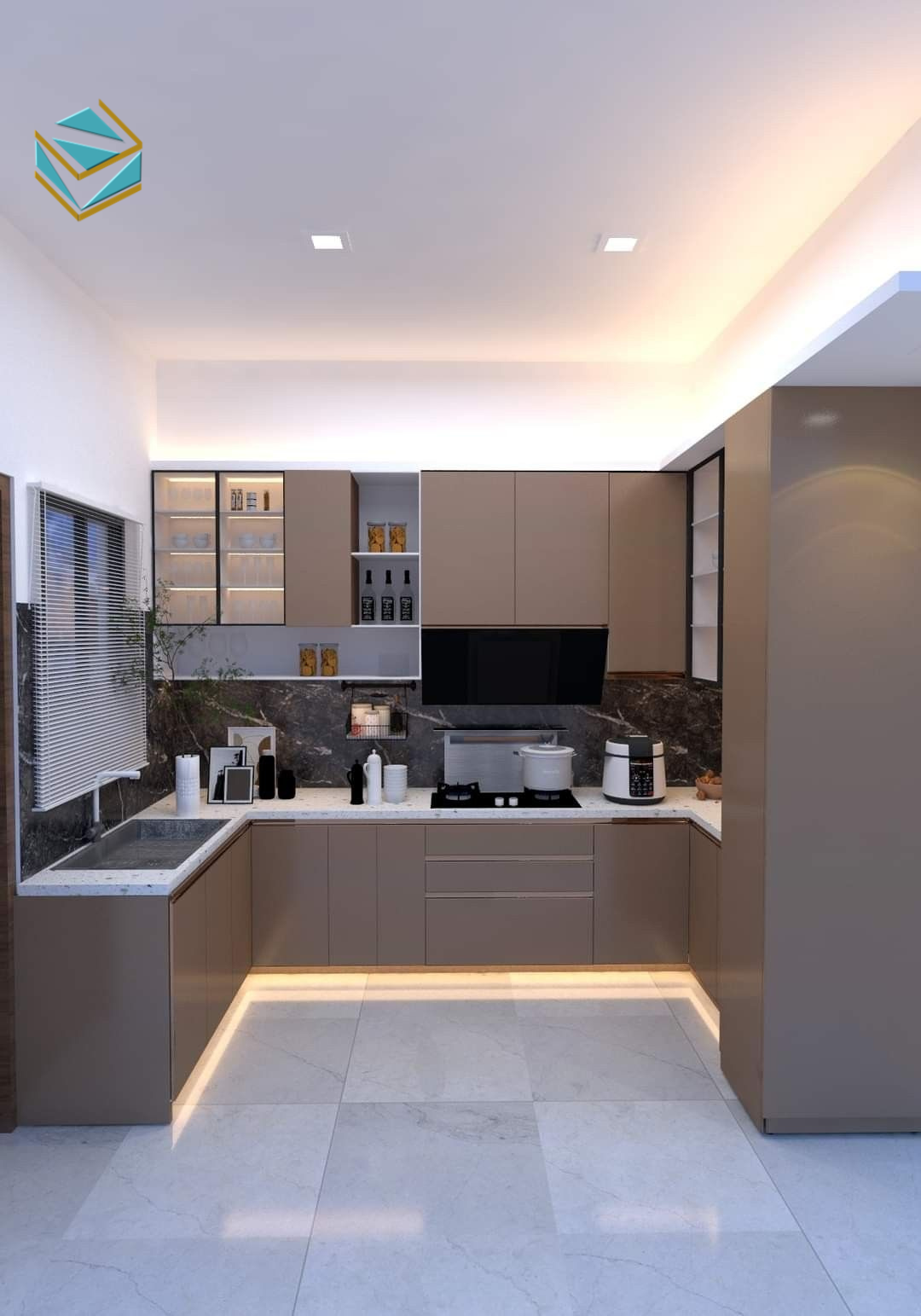 Mẫu tủ bếp tích hợp ray trượt, bản lề giảm chấn giúp sử dụng linh hoạt và bền bỉ.