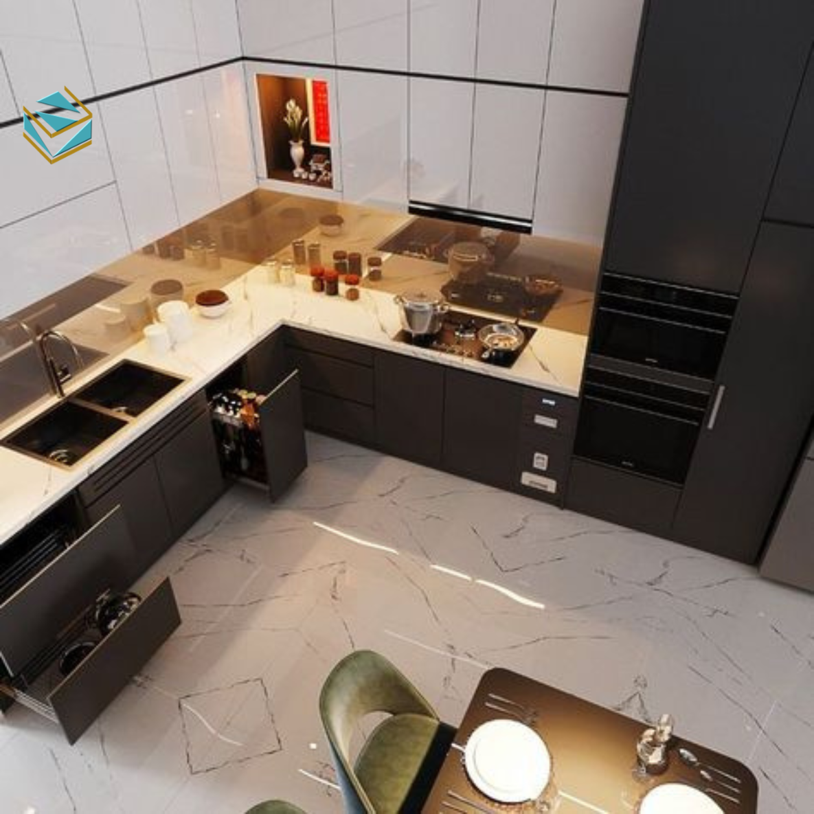 Hình ảnh mẫu tủ bếp nhỏ gọn với bố trí ngăn kéo thông minh, tận dụng tối đa diện tích trong căn hộ compact.