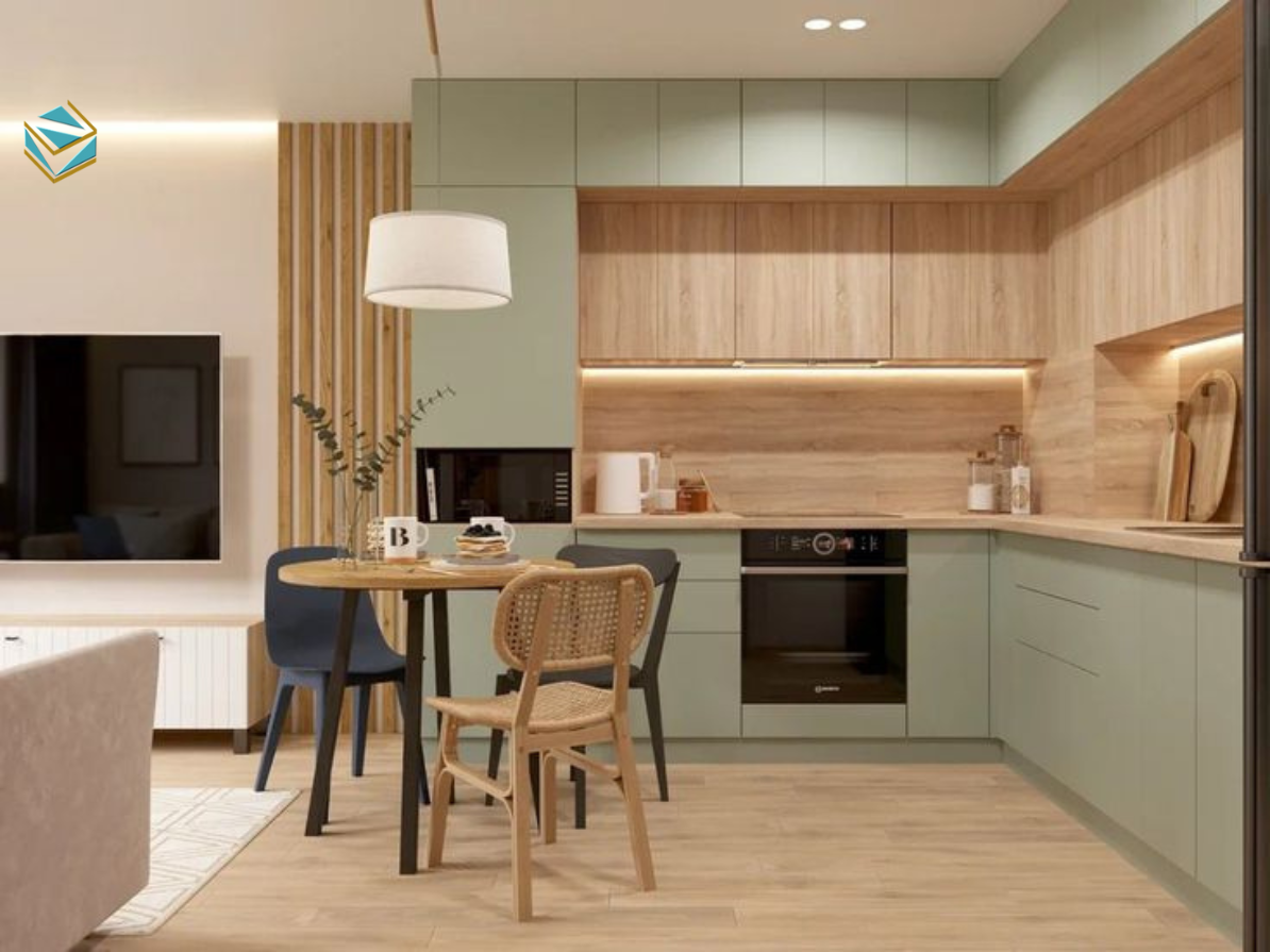 Mẫu tủ bếp nhỏ dạng mở, kết hợp khu vực sinh hoạt chung tạo sự liên kết không gian.