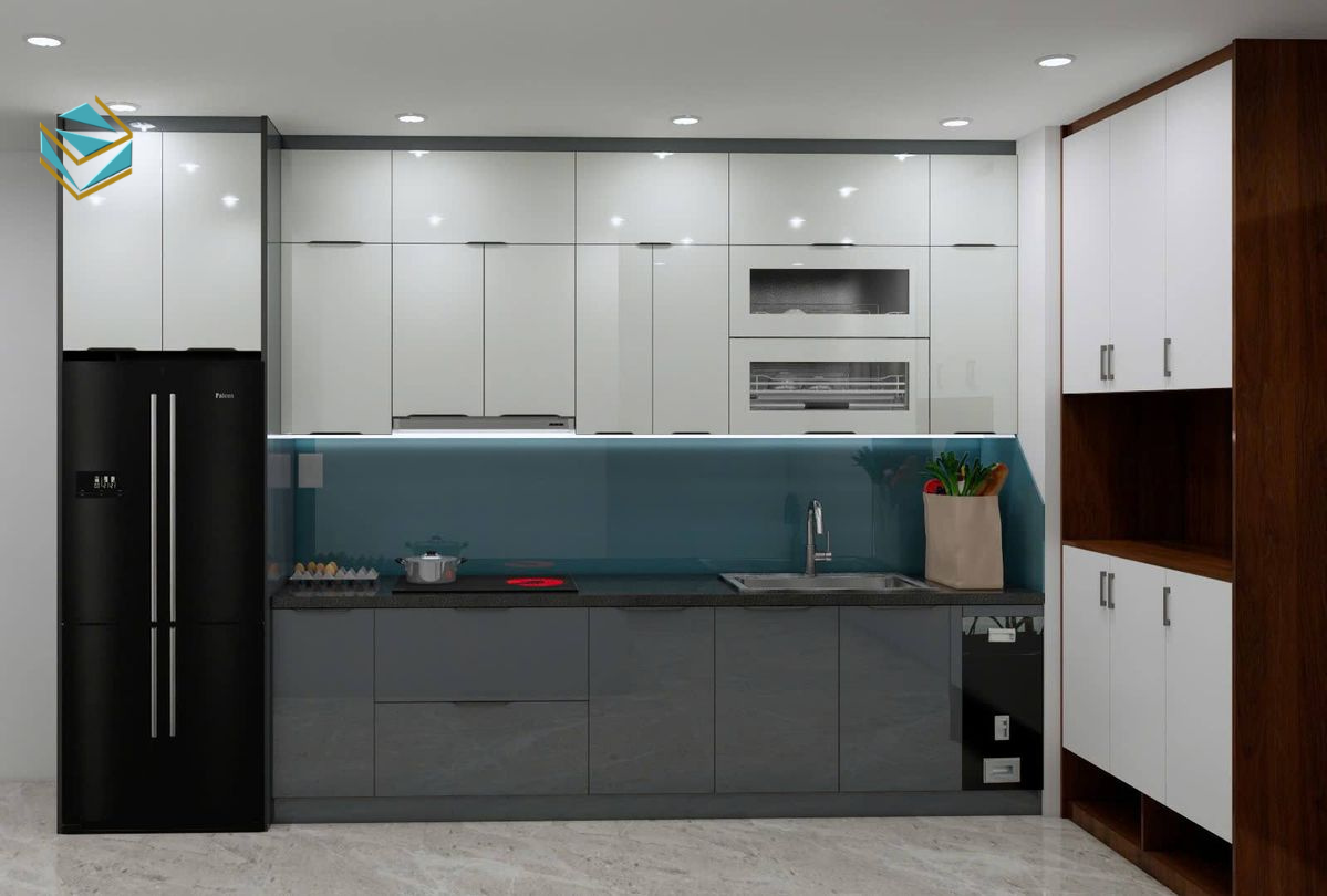 Tủ bếp nhỏ dạng cao sát trần giúp tăng khả năng lưu trữ mà vẫn giữ nét thanh thoát.