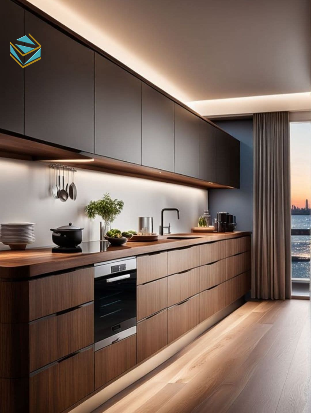 Mẫu tủ chữ U sử dụng vật liệu bền, dễ vệ sinh, mang lại vẻ đẹp chắc chắn và gọn gàng cho không gian nhà phố.