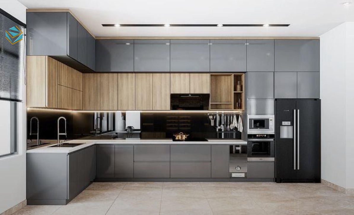 Mẫu tủ bếp phủ acrylic với bề mặt bóng gương phản chiếu ánh sáng, giúp căn bếp sáng rộng và hiện đại hơn.