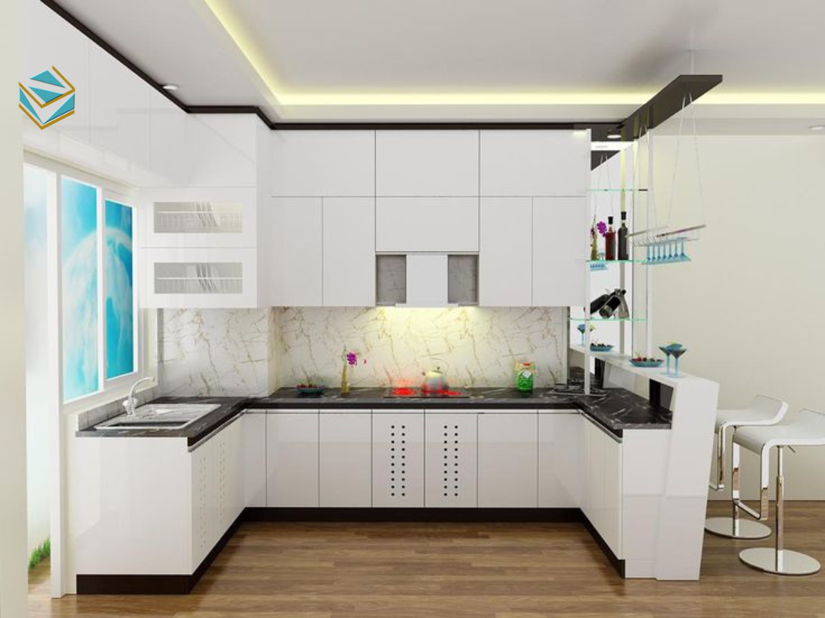 Thiết kế tủ bếp quầy bar từ MDF chống ẩm mang lại độ bền cao và vẻ ấm áp.