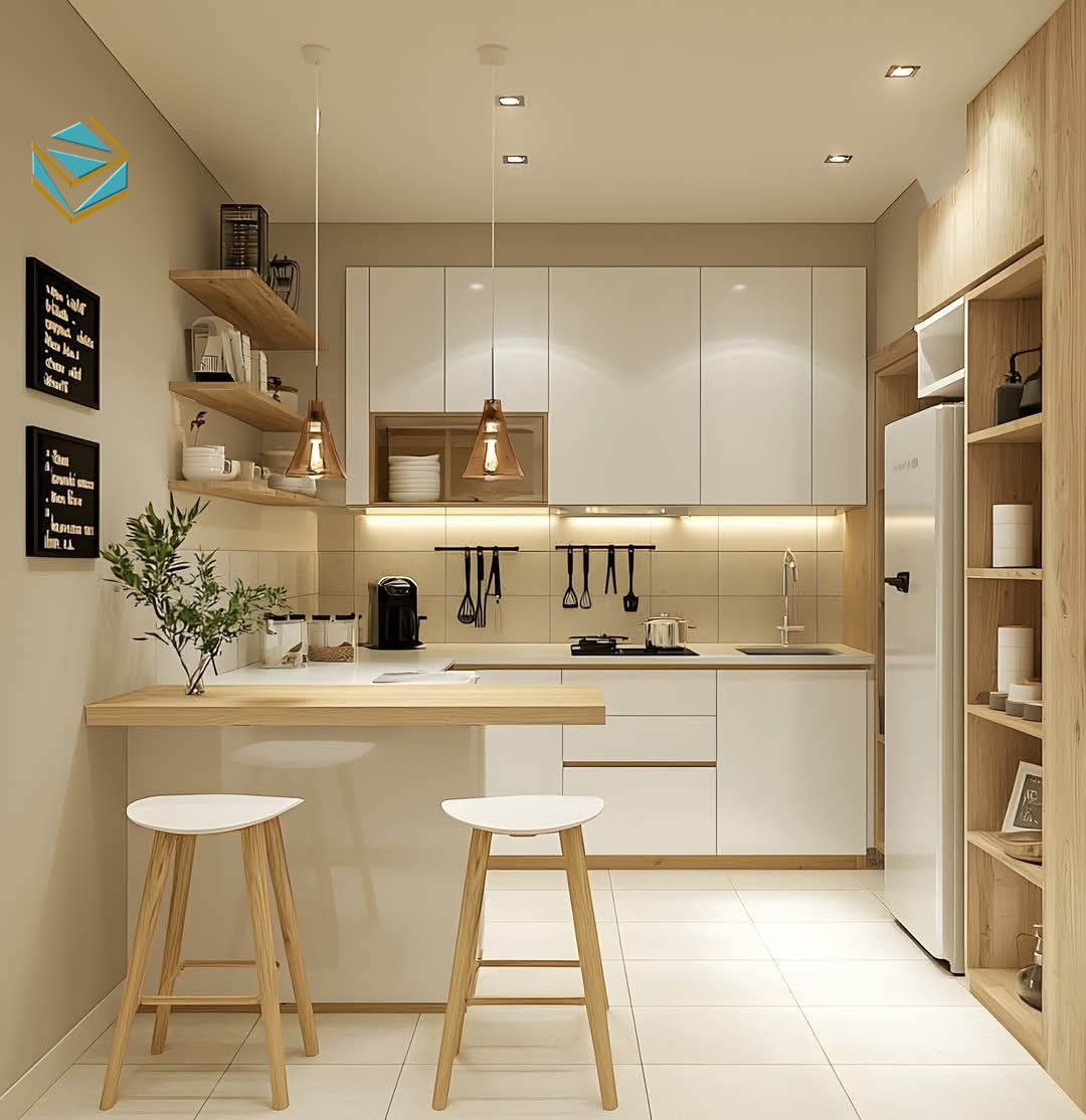 Sự kết hợp quầy bar và tủ bếp giúp tạo góc thư giãn tiện nghi trong căn hộ.