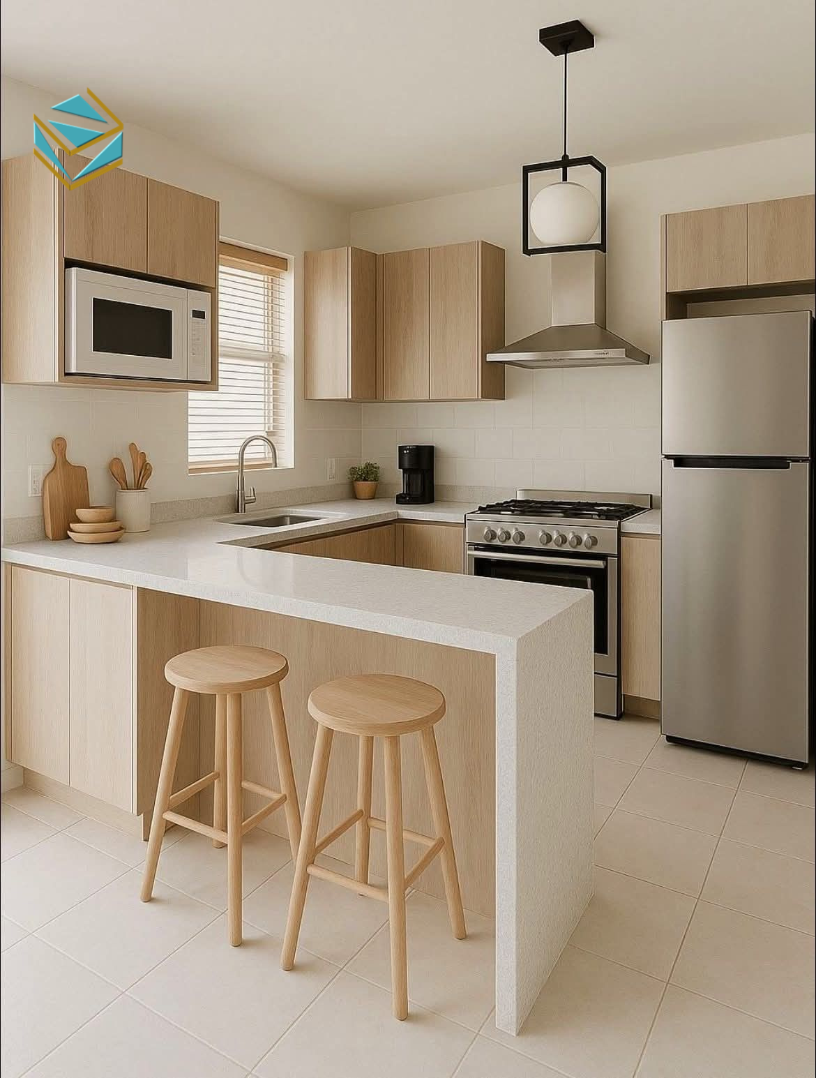 Tone trắng kết hợp quầy bar tạo không gian sạch, thoáng và đầy cảm hứng.