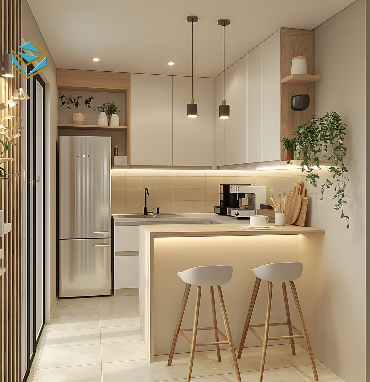 Mẫu tủ bếp quầy bar hiện đại kết hợp màu trung tính tạo không gian sang và tiện dụng.