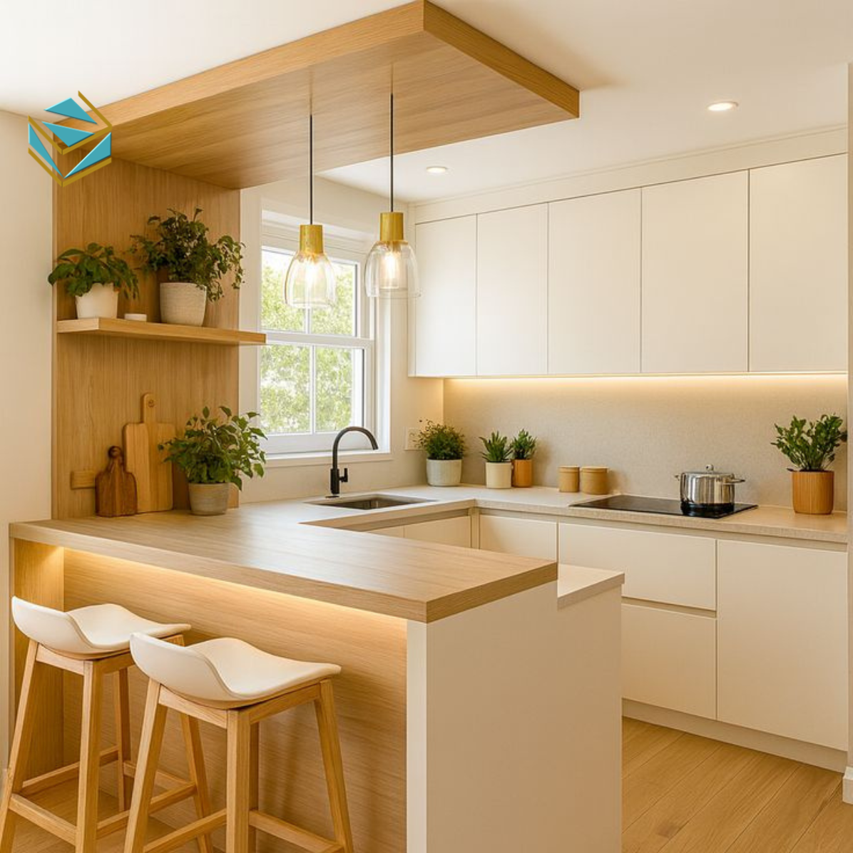 Đèn LED tạo điểm nhấn và giúp không gian bếp trở nên chill và ấm áp.