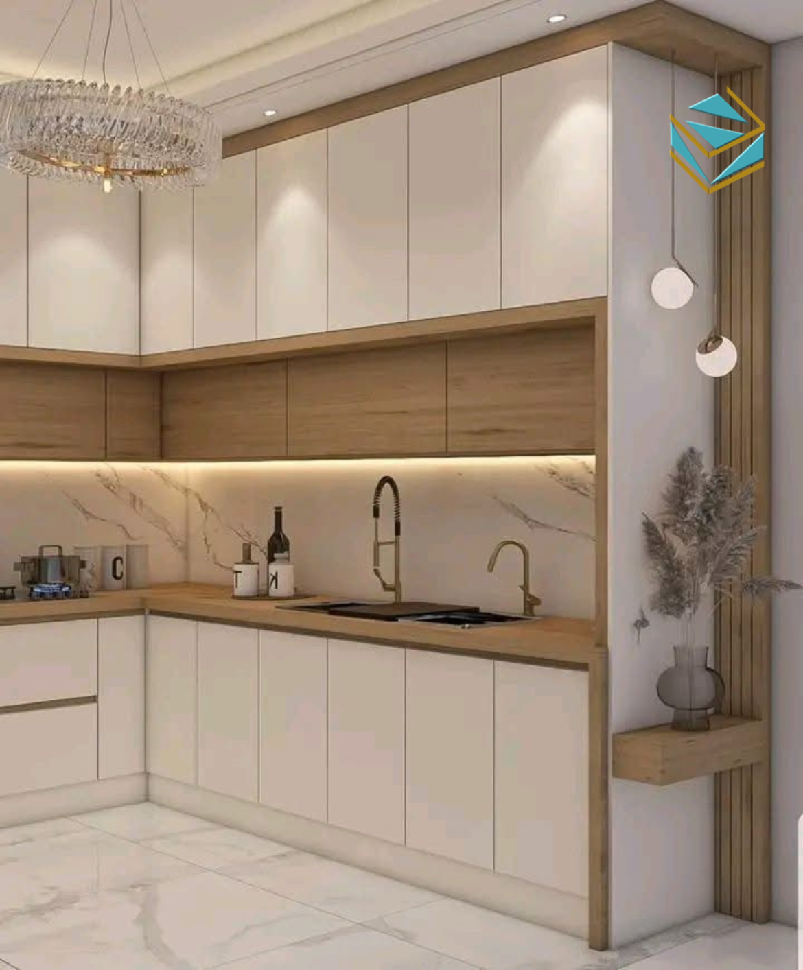 Bề mặt bóng gương phản chiếu ánh sáng giúp căn bếp sáng sủa và sang trọng hơn.