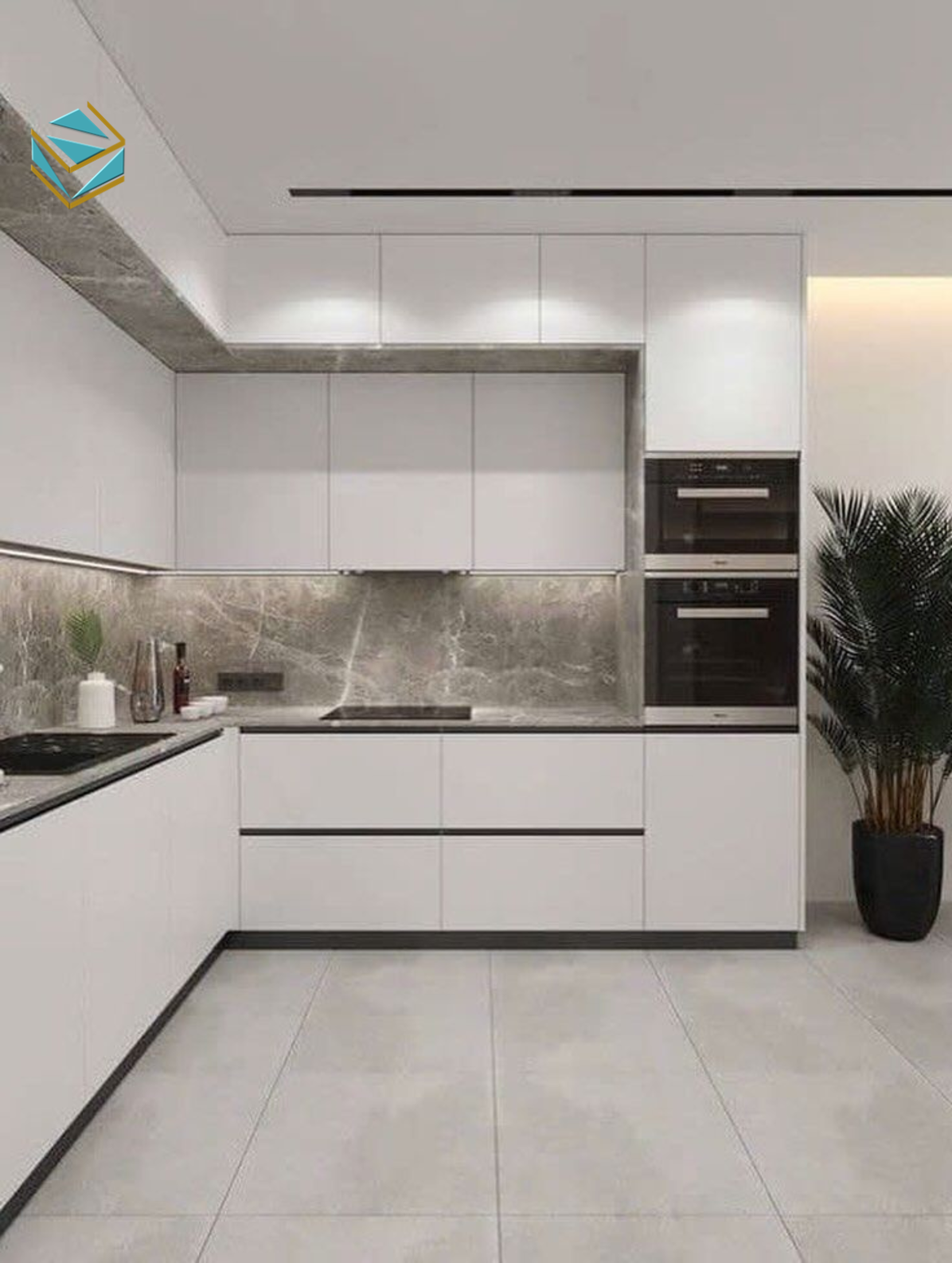 Ánh sáng mềm giúp làm nổi bật vẻ đẹp tinh tế của tủ bếp tone trắng