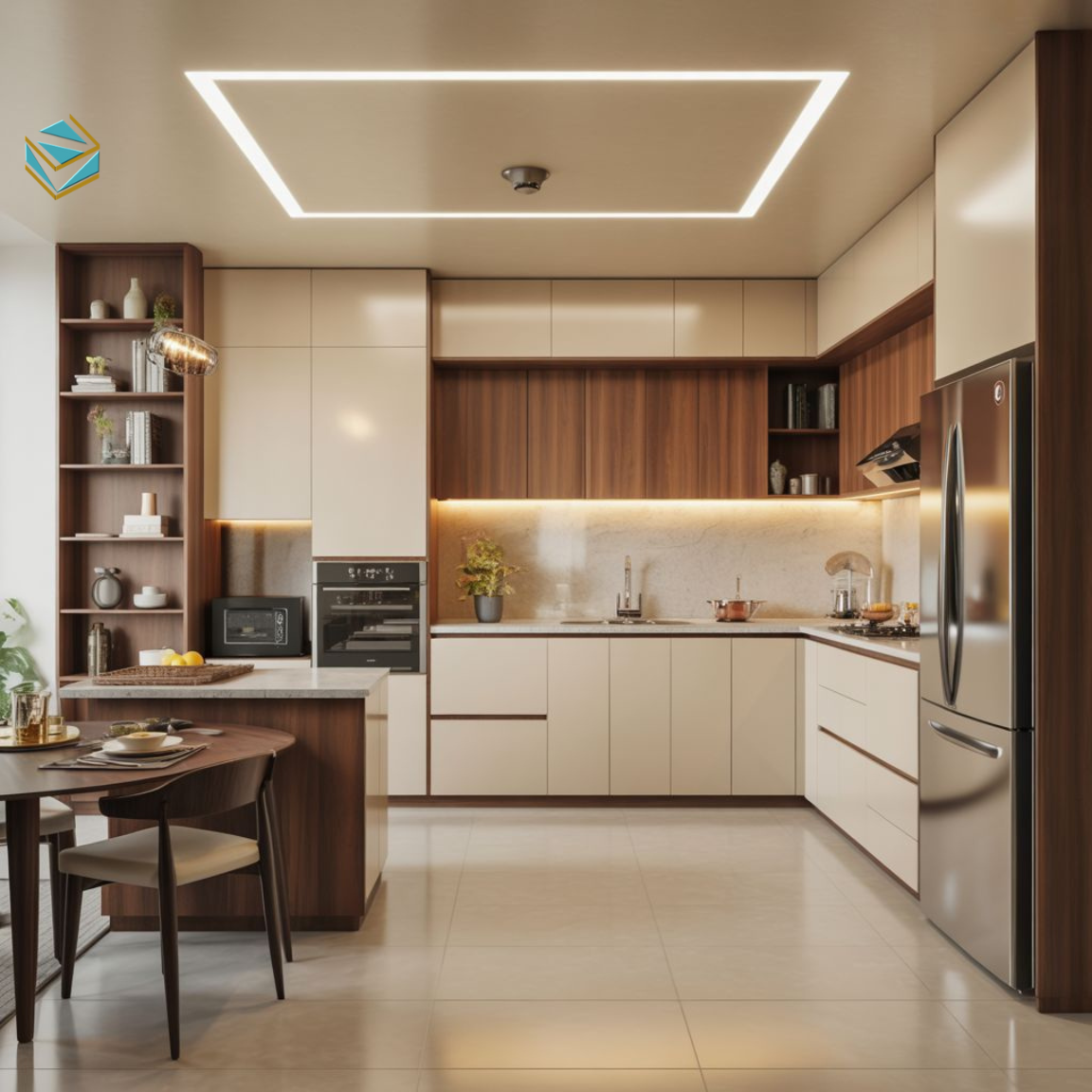 Bản lề và ray trượt giảm chấn giúp cánh tủ đóng mở nhẹ nhàng, tăng độ bền và giá trị sử dụng cho tủ bếp gỗ công nghiệp.