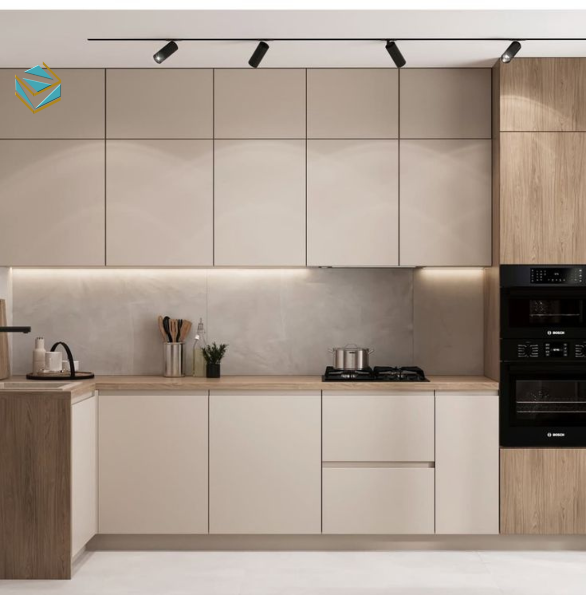 Hệ phụ kiện như giá bát nâng hạ, mâm xoay, ray trượt giảm chấn giúp tủ bếp gỗ công nghiệp vận hành êm ái và tối ưu trải nghiệm sử dụng.