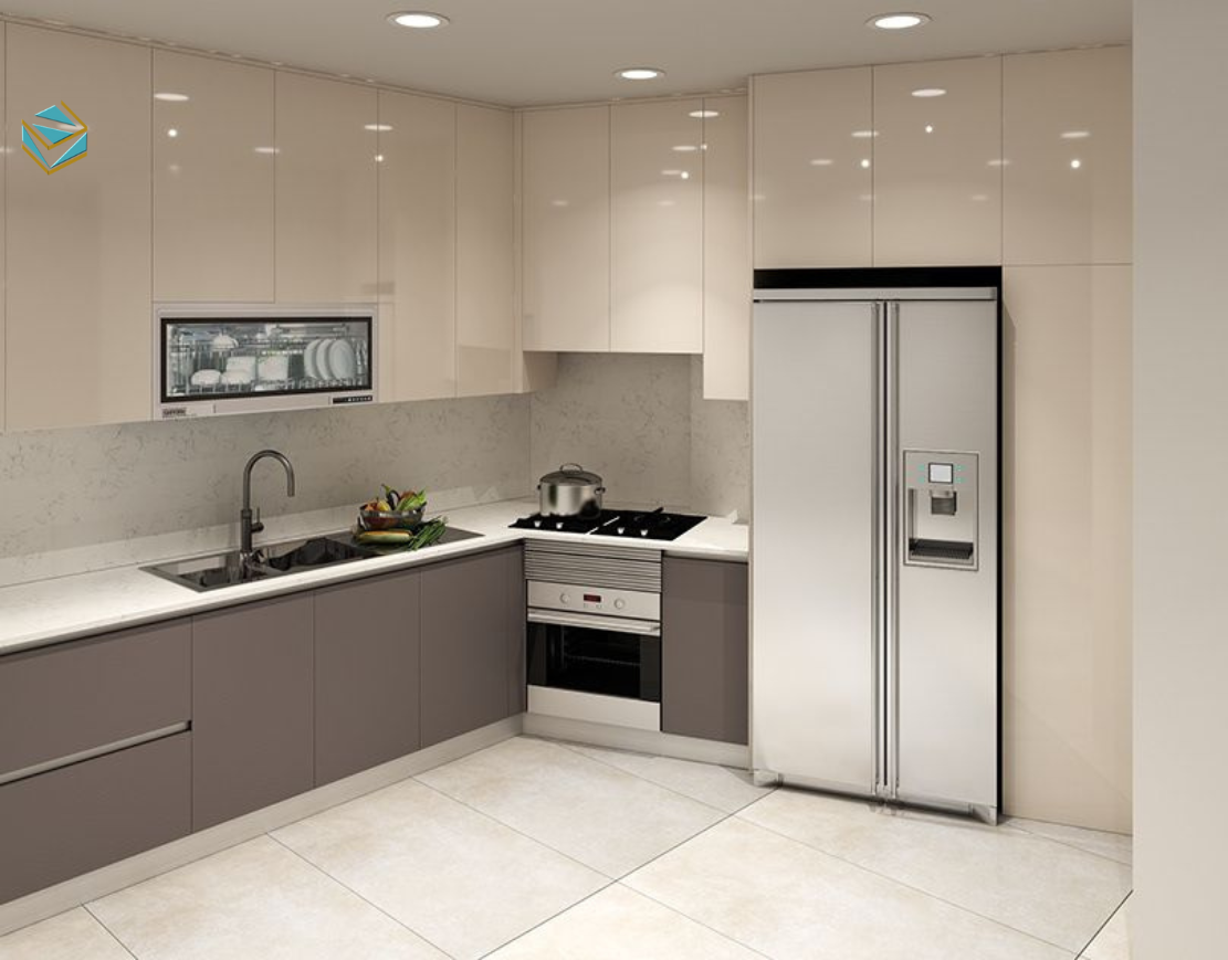 Ánh sáng được bố trí hợp lý trong quá trình thi công tủ bếp giúp không gian bếp nổi bật và hiện đại hơn.