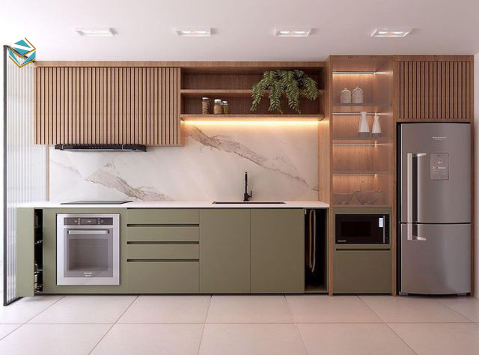 Thùng tủ sử dụng MDF lõi xanh giúp tăng khả năng chống ẩm, phù hợp khí hậu Việt Nam và đảm bảo tuổi thọ lâu dài cho tủ bếp gỗ công nghiệp.