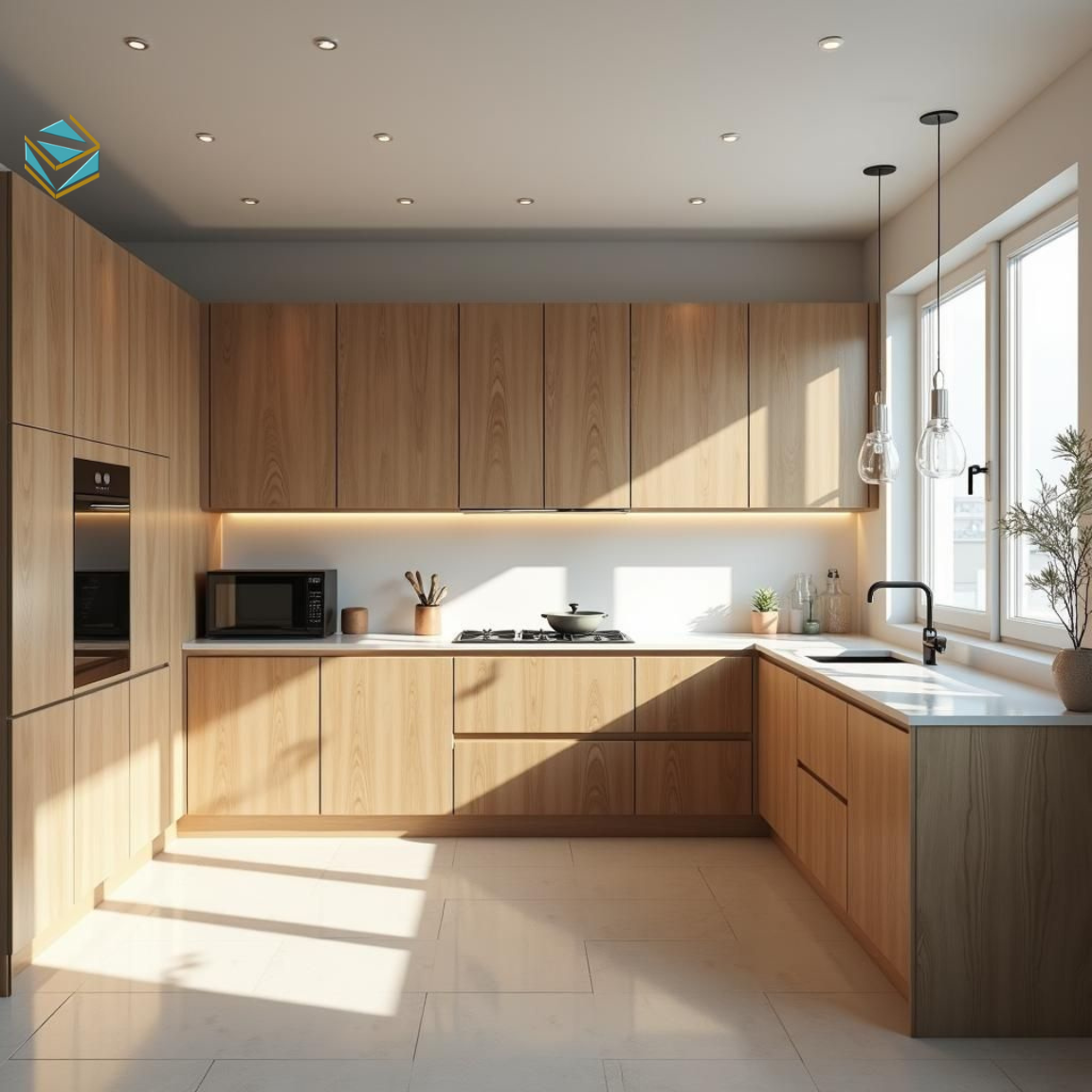 Với bếp diện tích hạn chế, tủ bếp gỗ công nghiệp MDF hoặc HDF dạng chữ I giúp bố trí khoa học, dễ sử dụng và tiết kiệm chi phí thi công.