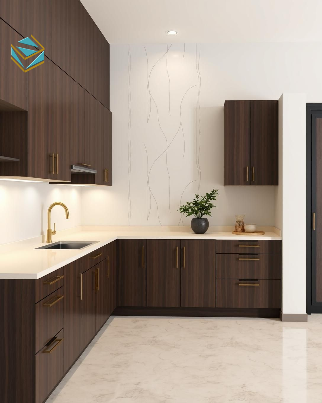 Tủ bếp thiết kế theo dạng chữ L giúp tăng diện tích lưu trữ, tạo góc nấu ăn thoải mái và tiện dụng cho căn hộ nhỏ.