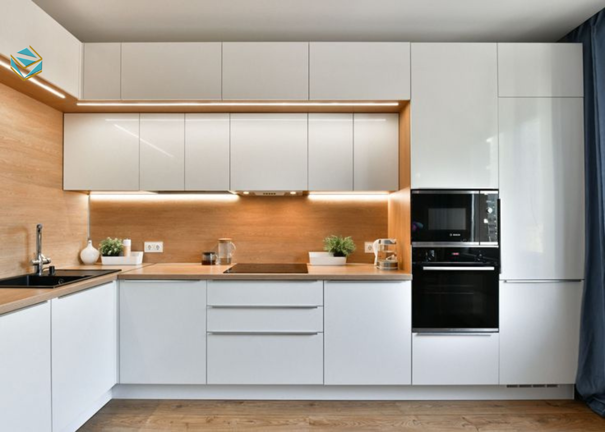 Mẫu tủ bếp gỗ công nghiệp chữ I giúp tối ưu chiều dài bếp, phù hợp căn hộ mini và nhà phố hẹp.