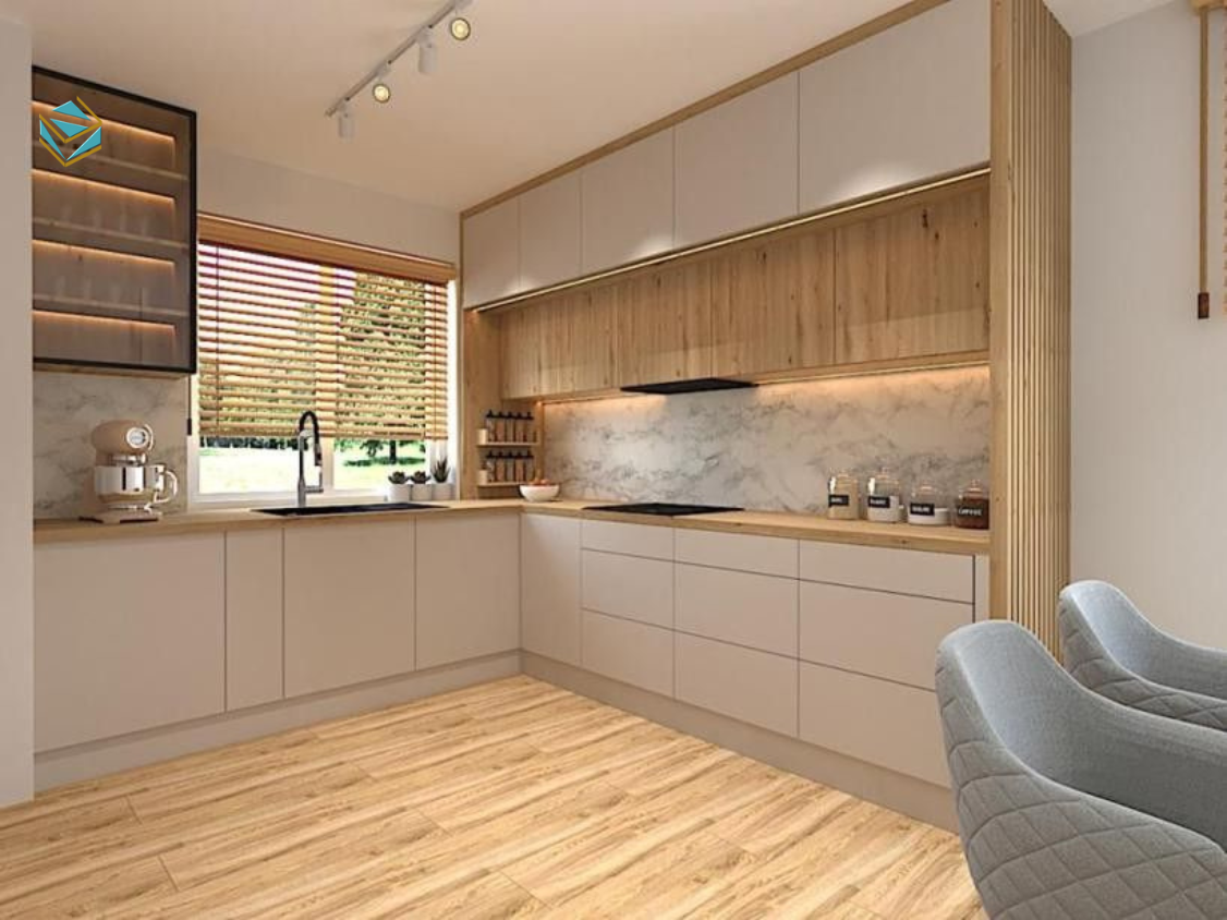 Mẫu tủ bố trí theo dạng chữ L giúp tận dụng góc bếp và tạo khu vực nấu nướng khoa học cho gia đình.