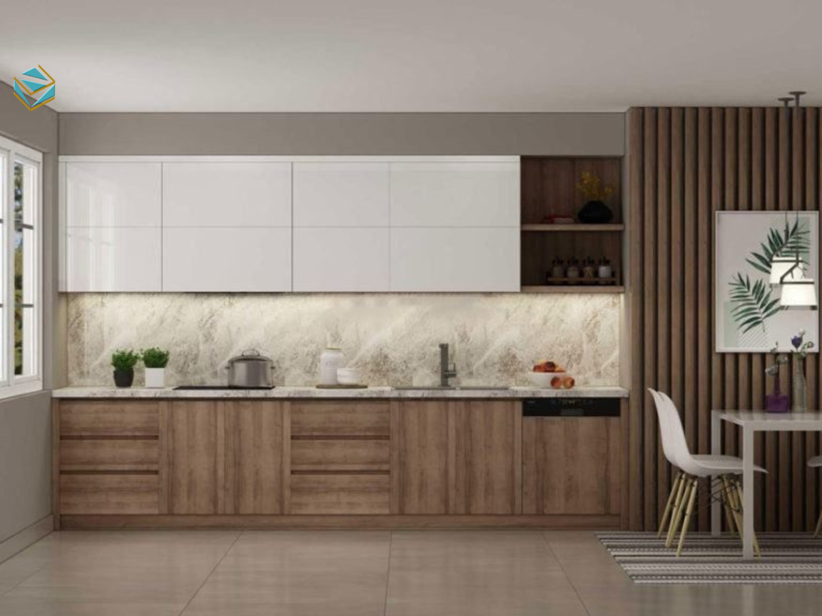 Mẫu tủ bếp gỗ công nghiệp được sản xuất theo quy trình chuẩn xưởng, đảm bảo độ bền, thẩm mỹ và phù hợp nhiều không gian bếp gia đình.