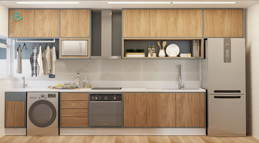 Tủ bếp gỗ công nghiệp sử dụng MDF chống ẩm lõi xanh giúp hạn chế cong vênh và tăng tuổi thọ sử dụng.