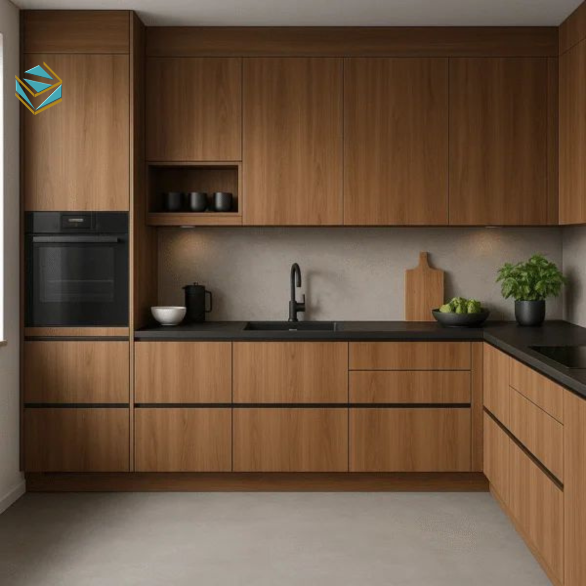 Mẫu tủ bếp gỗ công nghiệp MDF phủ melamine bền đẹp, phù hợp không gian bếp nhỏ, dễ lau chùi và thi công nhanh.