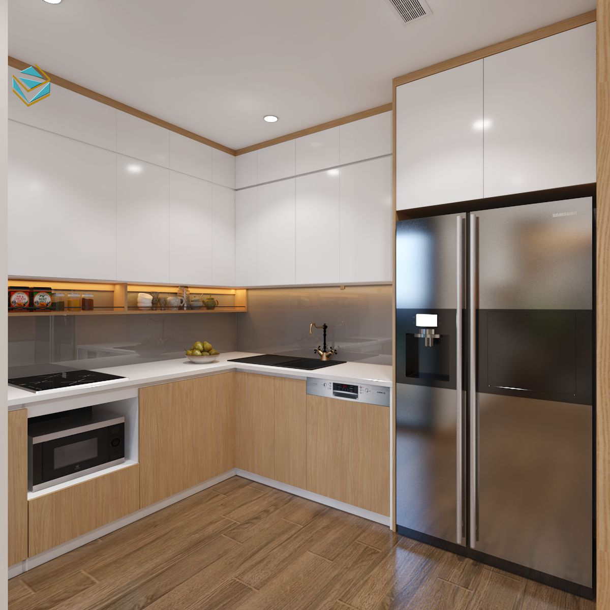 Hình ảnh bộ tủ bếp MDF Melamine với tông màu sáng, phù hợp không gian bếp hiện đại và dễ vệ sinh.