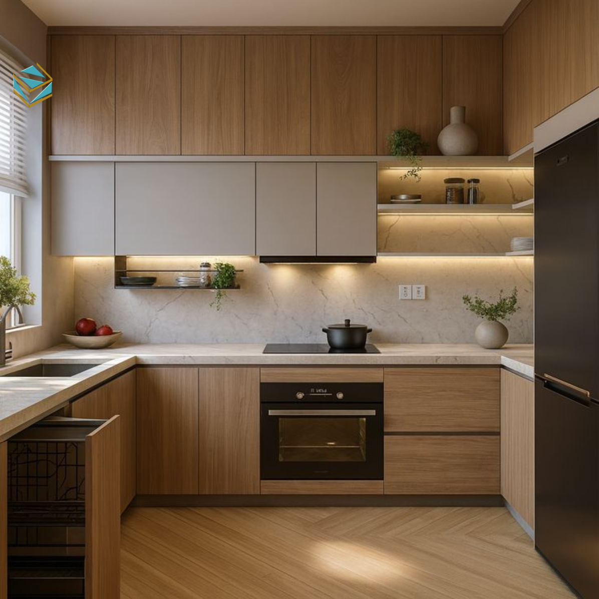 Thiết kế tủ bếp mini kết hợp kệ treo tường và ngăn kéo thông minh, giúp tối ưu không gian sinh hoạt cho căn hộ có diện tích dưới 40m².