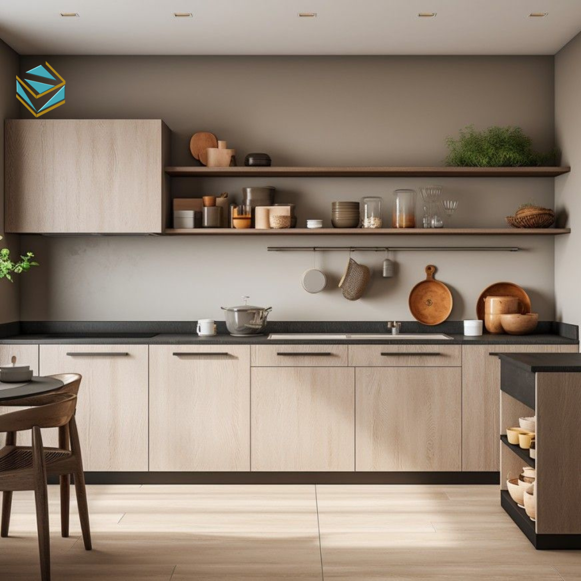 Thiết kế phẳng, không tay nắm, gam màu trắng xám giúp căn bếp nhỏ vẫn mang vẻ thanh lịch và sang trọng.