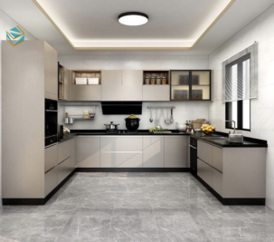 Mẫu tủ bếp chữ U sử dụng gỗ công nghiệp chống ẩm, bề mặt hiện đại, phù hợp nhà phố và biệt thự rộng.