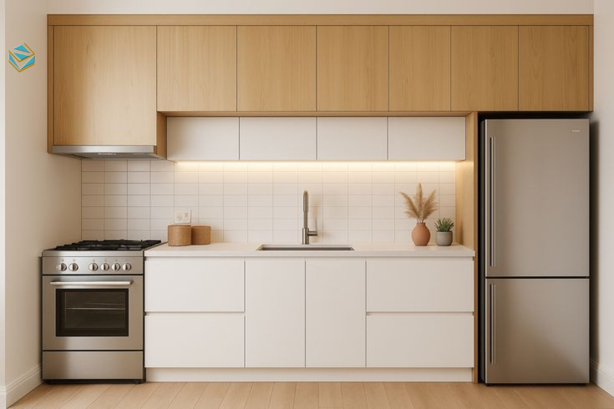 Hình ảnh thi công tủ bếp gỗ công nghiệp cho thấy vai trò của kỹ thuật lắp đặt trong việc hạn chế mối mọt.