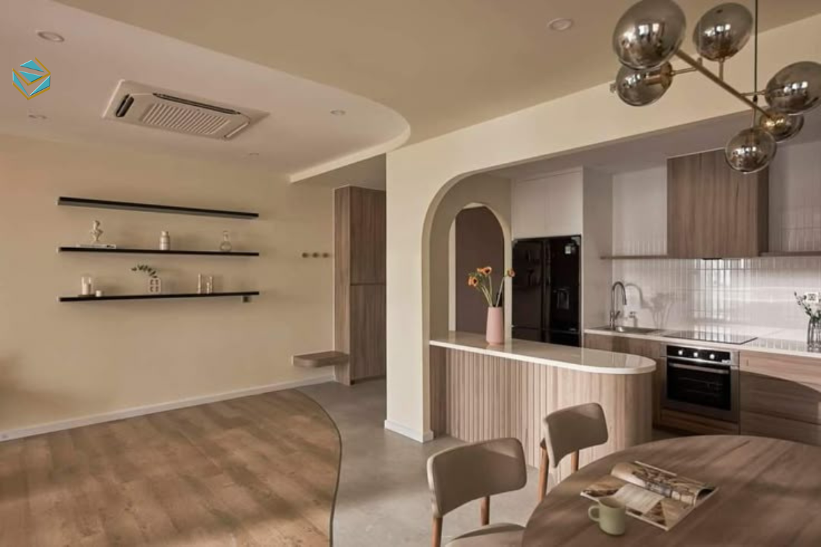 Thiết kế tủ bếp chữ I giúp mọi khu vực được sắp xếp liền mạch. Gian bếp nhỏ trở nên gọn gàng và dễ vệ sinh hơn.