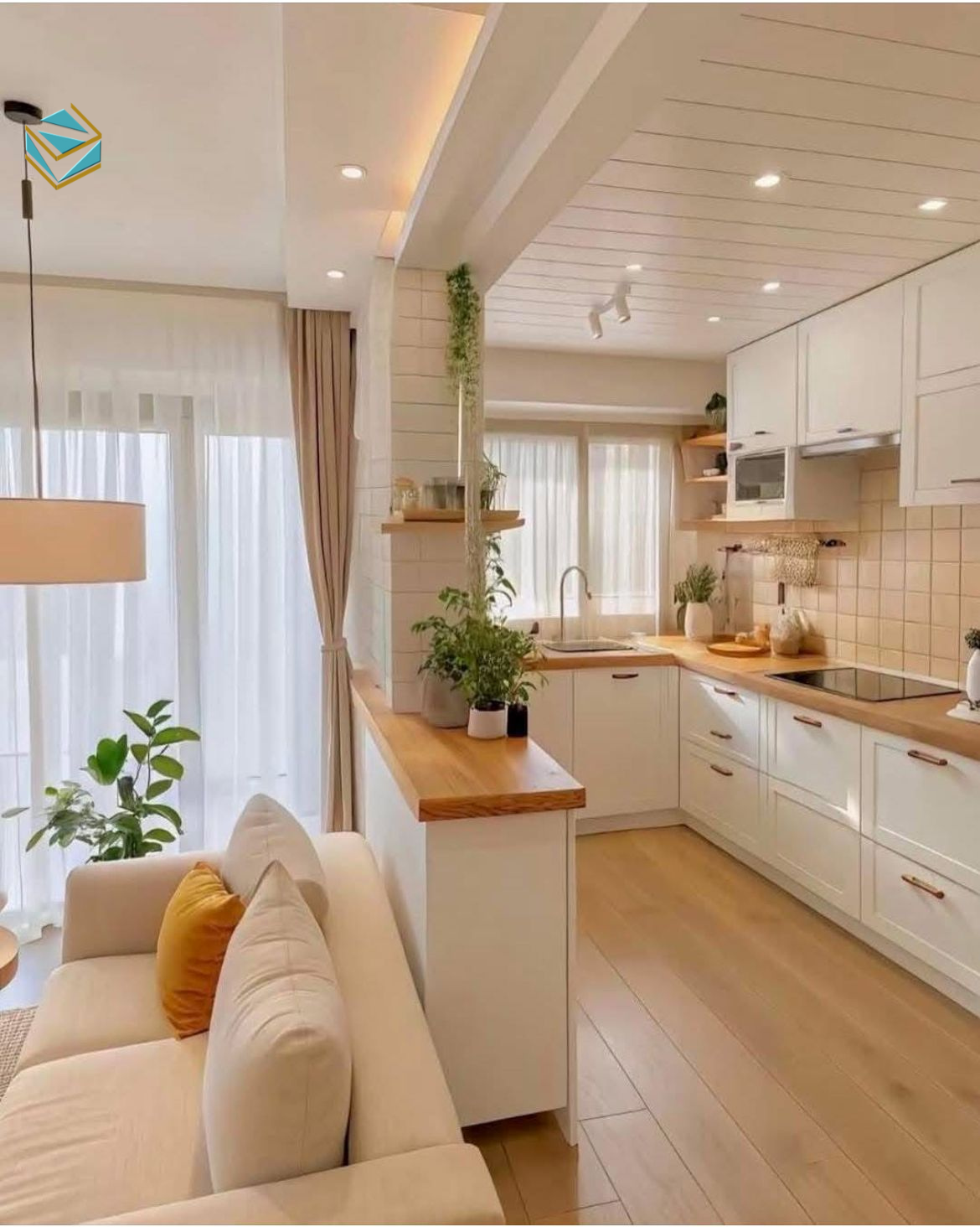 Thiết kế tủ bếp chữ L tận dụng hiệu quả góc bếp. Cách bố trí này giúp lối di chuyển thông thoáng khi nấu nướng nhiều món dịp Tết.