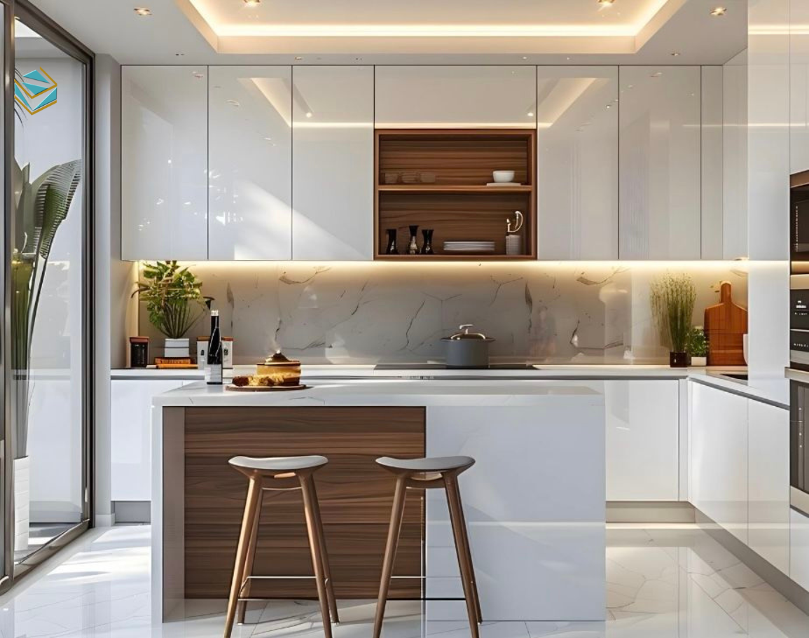 Tủ bếp gỗ công nghiệp trong thiết kế tủ bếp giúp không gian bếp sang trọng hơn. Chất liệu phù hợp gia đình muốn làm mới bếp trước Tết.