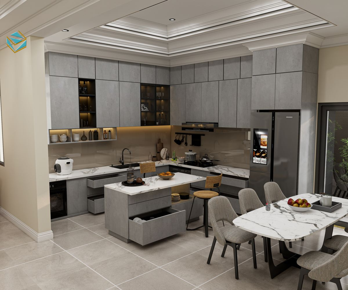 Thiết kế tủ bếp cho chung cư ưu tiên tận dụng không gian và chiều cao trần. Cách bố trí này giúp bếp nhỏ vẫn đủ chỗ chứa đồ ngày Tết.